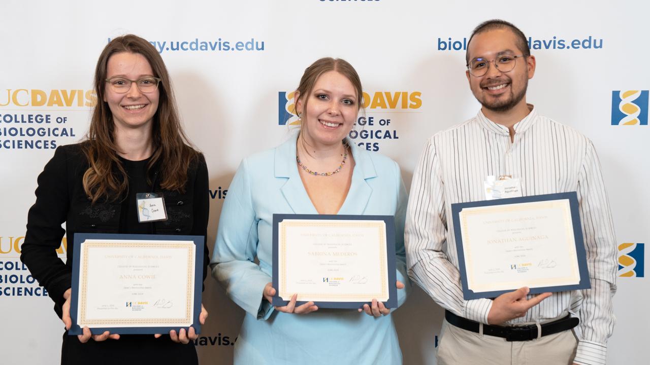 The 2024 CBS Dean’s Mentorship Award recipients were honored at the college award ceremony on Saturday, June 1. Pictured here are three of the four 2024 awardees. From left: Anna Cowie, Sabrina Mederos and Jonathan Aguiñaga. (Sasha Bakhter / UC Davis)