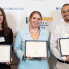 The 2024 CBS Dean’s Mentorship Award recipients were honored at the college award ceremony on Saturday, June 1. Pictured here are three of the four 2024 awardees. From left: Anna Cowie, Sabrina Mederos and Jonathan Aguiñaga. (Sasha Bakhter / UC Davis)