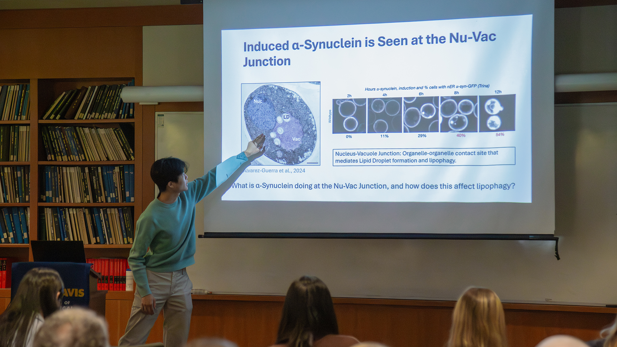 Brandon Fong stands at a podium, pointing to a projected slide with cell images during his research presentation.