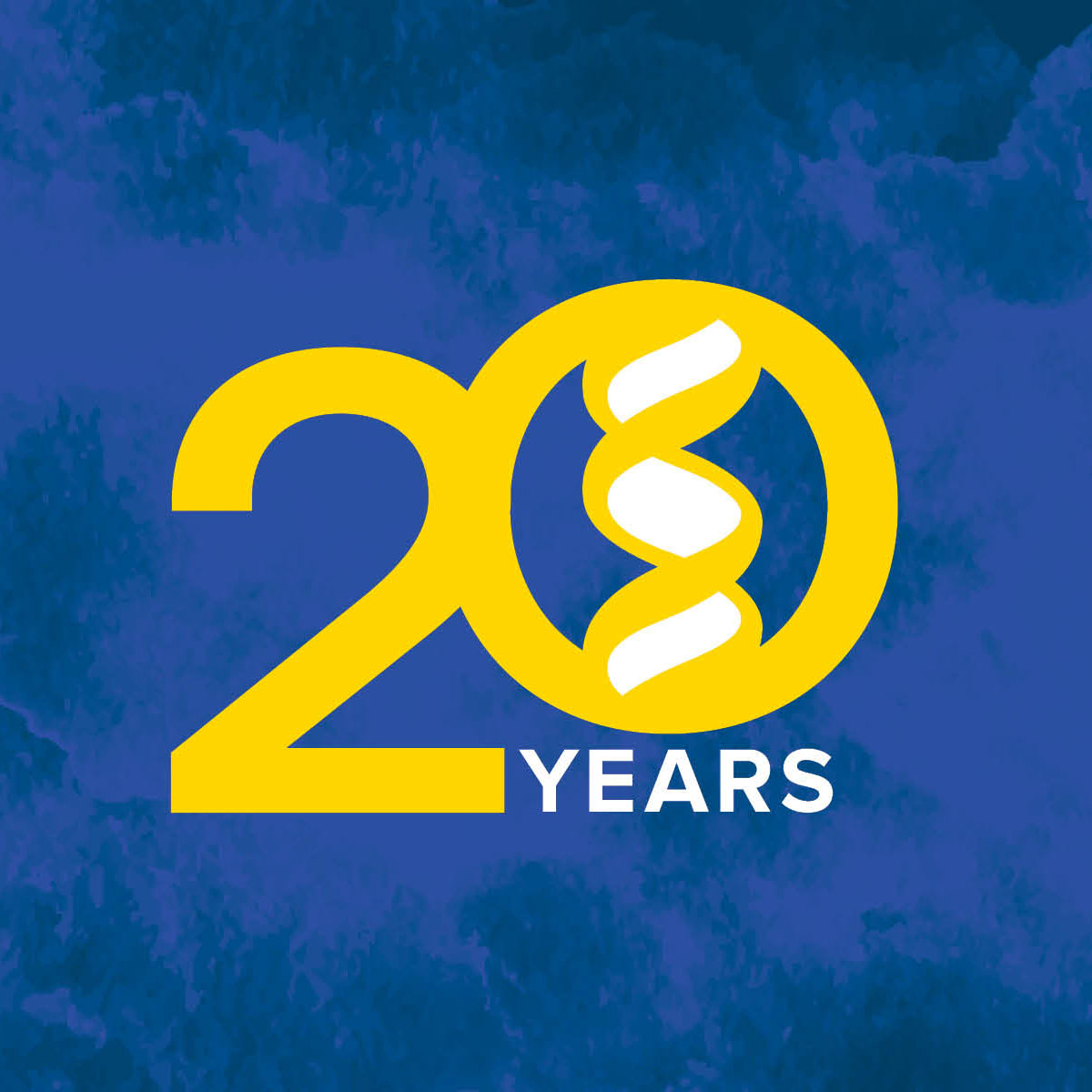 Yellow “20 Years” logo with a DNA helix forming the zero, set against a blue textured background.
