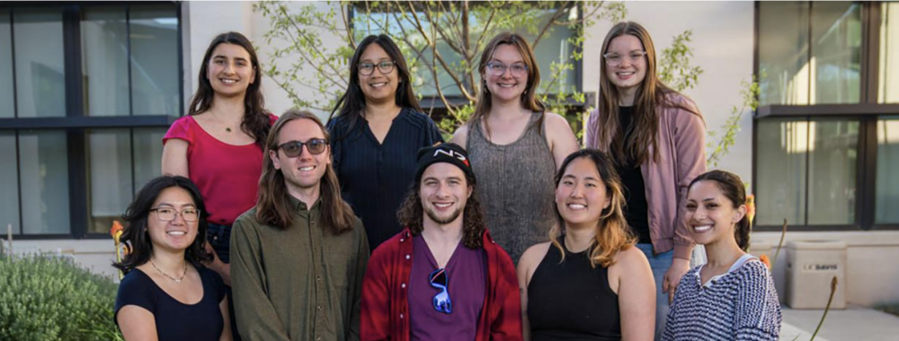 This year’s cohort of CBS DEIJ Leader Fellows led projects that addressed a wide array of DEIJ-related needs throughout the college. Back row, from the left: Selin Gümüşderelioğlu, Maribel Anguiano, Tracie Hayes and Tess Leathers. Front row, from the left: Sarah Wang, DEI grad advisor to the dean, Devin Romines, Elijah Kofke, Hee Jin Chung and Kiran Long-Iyer, DEI grad advisor to the dean. (Jenevieve Bohmann / UC Davis)