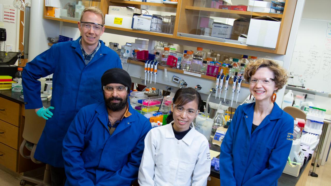 NAIST students Saranpal Singh and Nhung Thi Hong Nguyen, pictured in the center, worked in UC Davis’ McKenney Ori-McKenny Lab, the joint space run by Assistant Professors Kassandra Ori-McKenney and Richard McKenney. David Slipher/UC Davis Richard McKenney and Kassandra Ori-McKenney pose with their NAIST students.