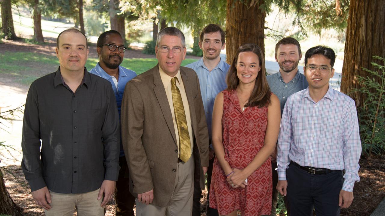 From left to right: new faculty members Nitzan Shabek, Wilsaan Joiner, James Letts, Rachael Bay, Lucas Smith and Chang-il Hwang pose with Dean Mark Winey, who stands center. David Slipher/UC Davis New College of Biological Sciences faculty stand with Dean Mark Winey