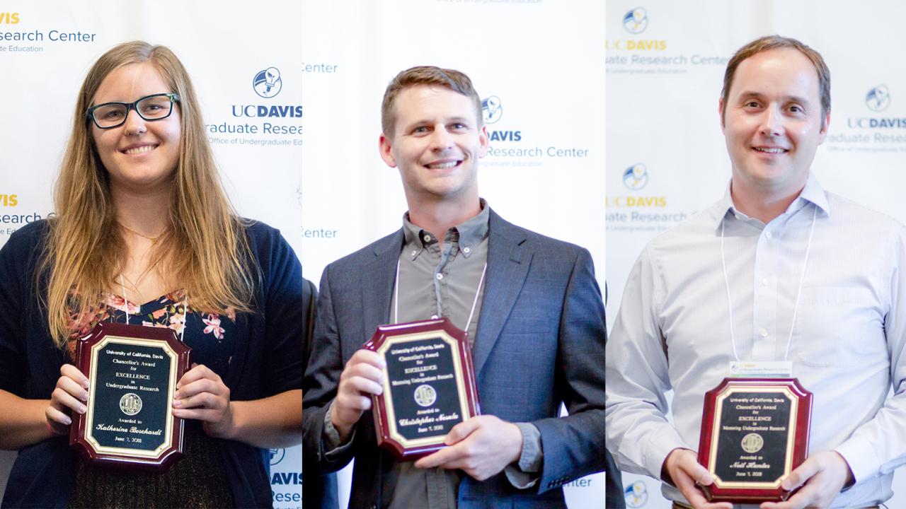 Undergraduate student Kate Borchardt, graduate student Chris Nosala and faculty member Neil Hunter stand with their plaques for the Chancellor's Award for Excellence in Undergraduate Research. Daniel Oberbauer 