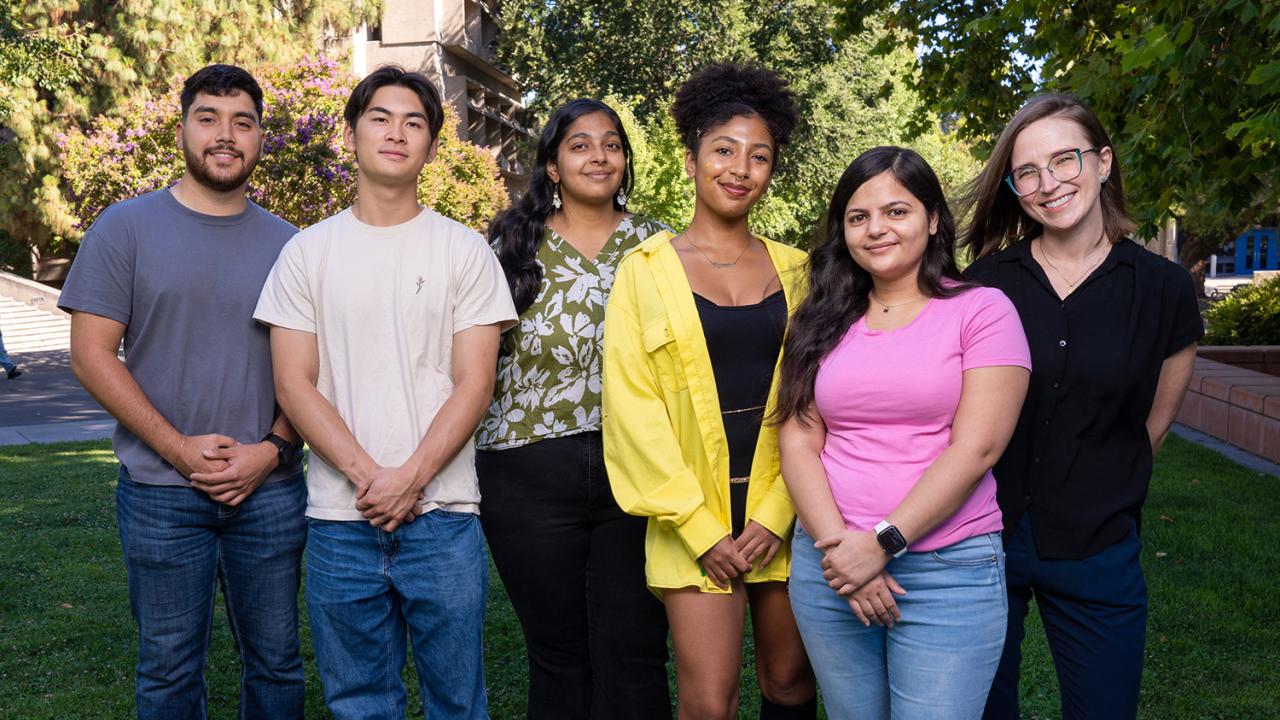 Brie Tripp (right), an assistant professor of teaching in the Department of Neurobiology, Physiology and Behavior has been named a 2024 Chancellor’s Fellow for DEI for her support of students from underserved and underrepresented backgrounds. She is pictured here with members of her lab. From left: Alex Pulido, Ethan Pang, Akshaya Ravi, Satu Ra Enwezor, Manavjeet Hans, Brie Tripp. (TJ Ushing/UC Davis)