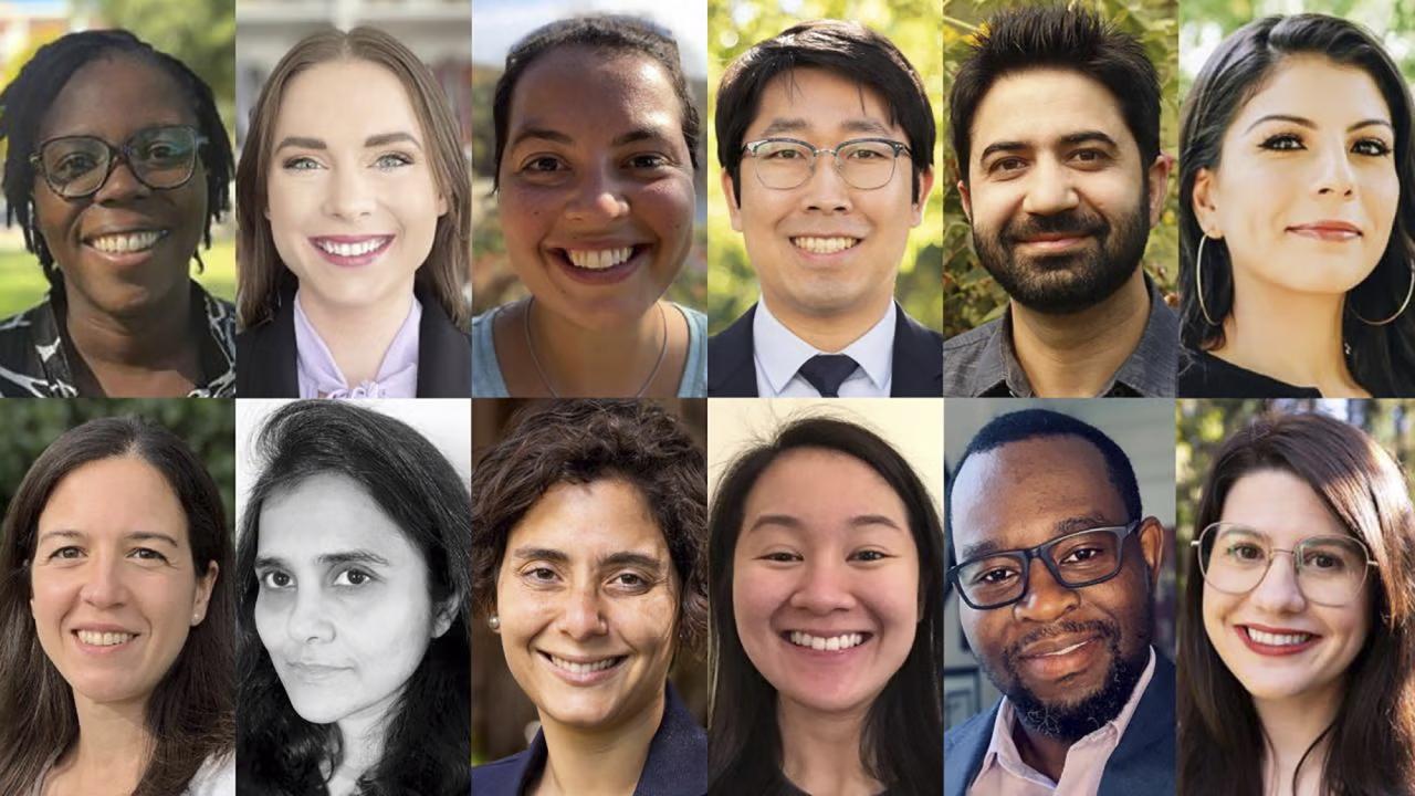 Collage of 12 portraits featuring the 2024-25 Hellman Fellows at UC Davis. The diverse group includes smiling individuals of various backgrounds, genders, and ethnicities, photographed outdoors and indoors. Each portrait highlights the unique personalities and professionalism of the fellows.