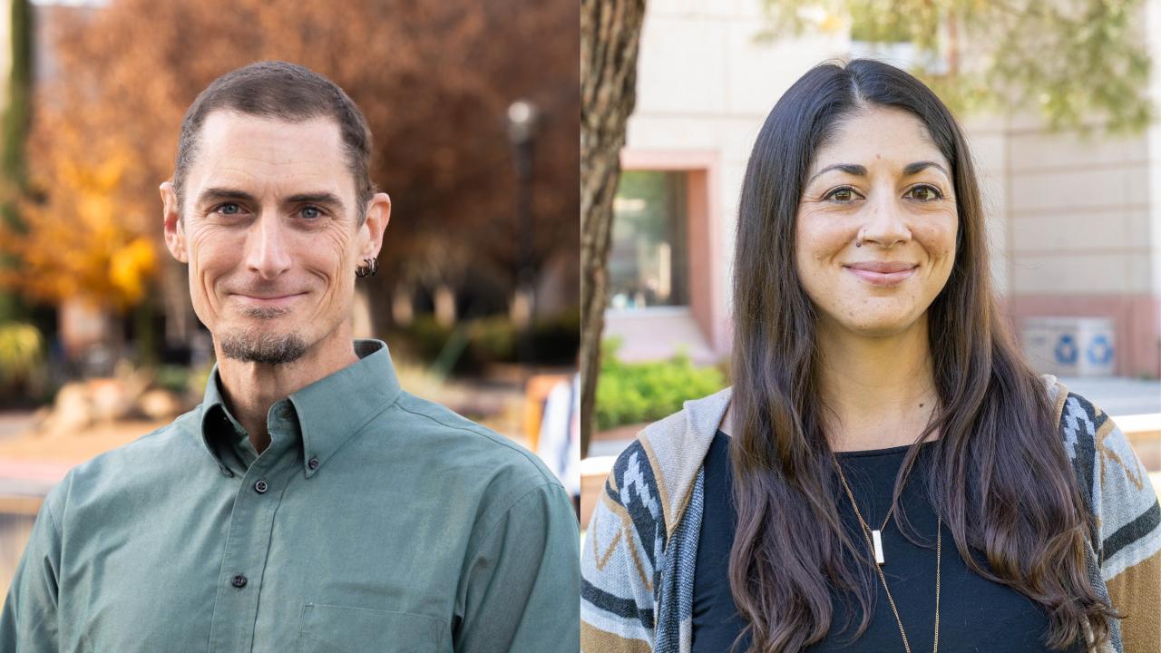 A cropped-together image of two headshots, one of a man and another of a woman. Both are standing outdoors. 