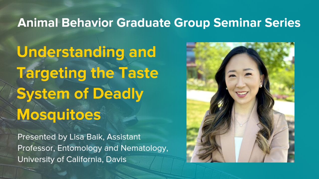 Blue graphic with seminar title, speaker name and title, and speaker photo