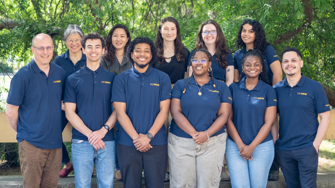 Front row, from left: Dan Starr, professor and PREP@UC Davis co-director; Cameron Vasquez; Andrew Barber; Emari Mann; Dianah Anderson; Christian Torres Lopez. Back row, from left: Carole Hom, PREP@UC Davis program coordinator; Joanna Chiu, professor and PREP@UC Davis director; Elliana Damonzonio, undergraduate affiliate with PREP@UC Davis; Cassandra Morris and Daniela Hernandez. (Sasha Bakhter / UC Davis)