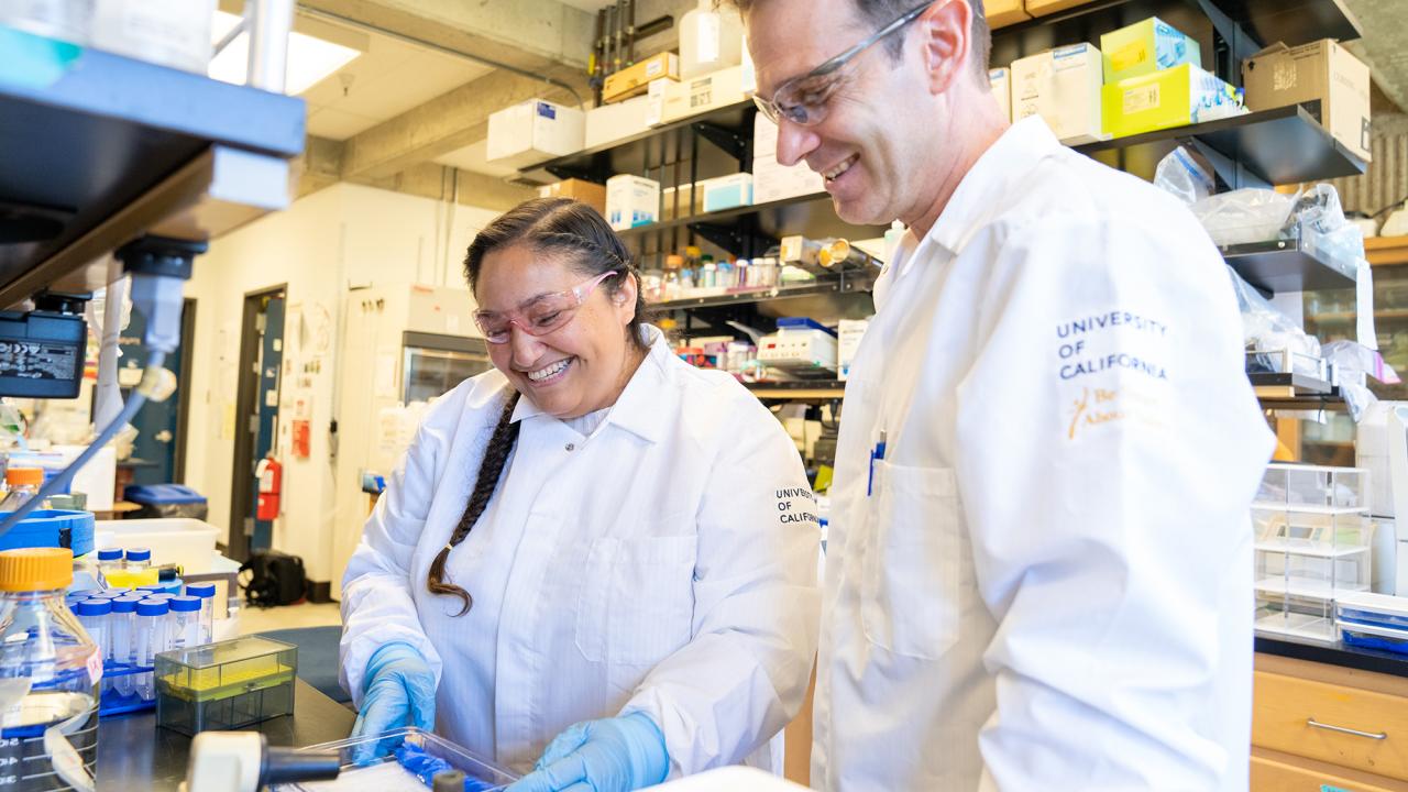 Jessica Bolivar, a graduate student in the Biochemistry, Molecular, Cellular and Developmental Biology Graduate Group, uses microscopy to study how cells respond to stress in the lab of Christopher Fraser, a professor in the Department of Molecular and Cellular Biology. (UC Davis / Sasha Bakhter)
