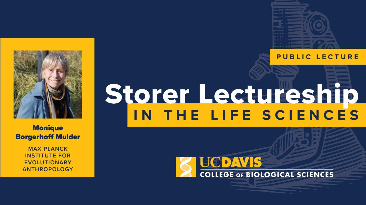 A promotional graphic for the ‘Storer Lectureship in the Life Sciences,’ featuring Monique Borgerhoff Mulder from the Max Planck Institute for Evolutionary Anthropology. The UC Davis College of Biological Sciences logo is at the bottom right.