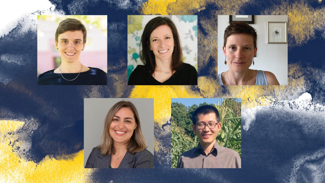 A collage of six individual portraits with varied backgrounds, including solid colors, floral patterns, and outdoor scenes. The collage is set against an abstract background with splashes of blue and yellow paint, adding an artistic touch to the composition.
