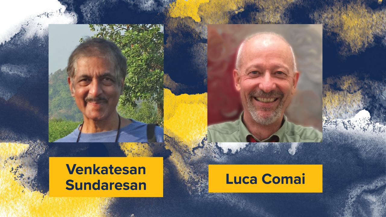 Graphic with headshots of two male faculty members