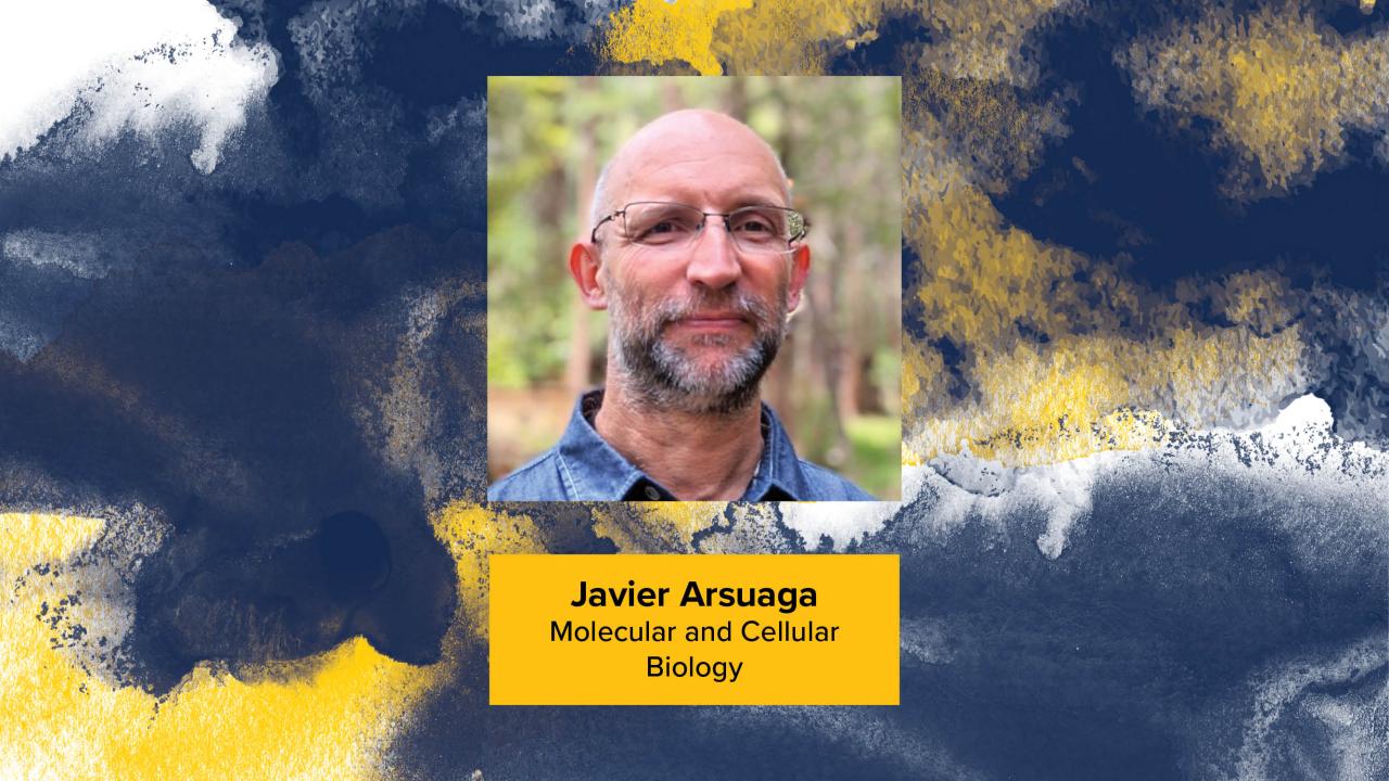 Blue and gold watercolor graphic with Javier's headshot