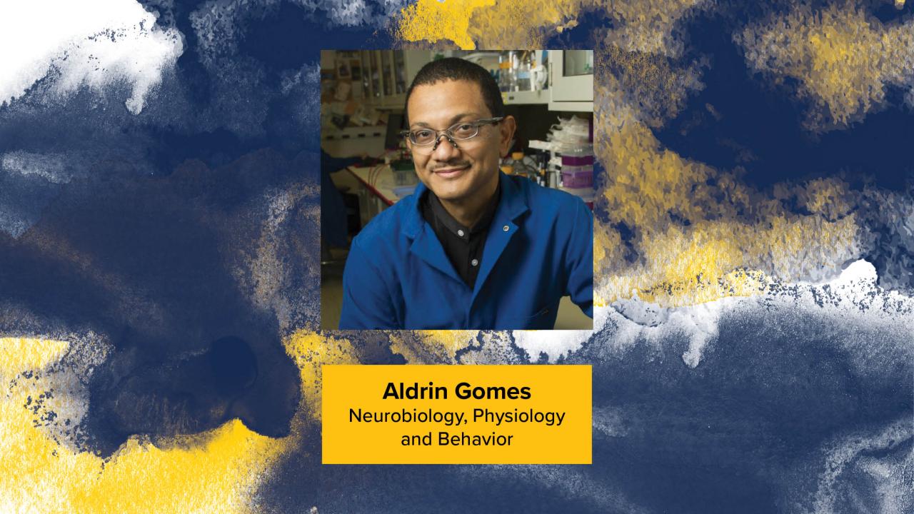Blue and gold watercolor graphic with Aldrin's headshot
