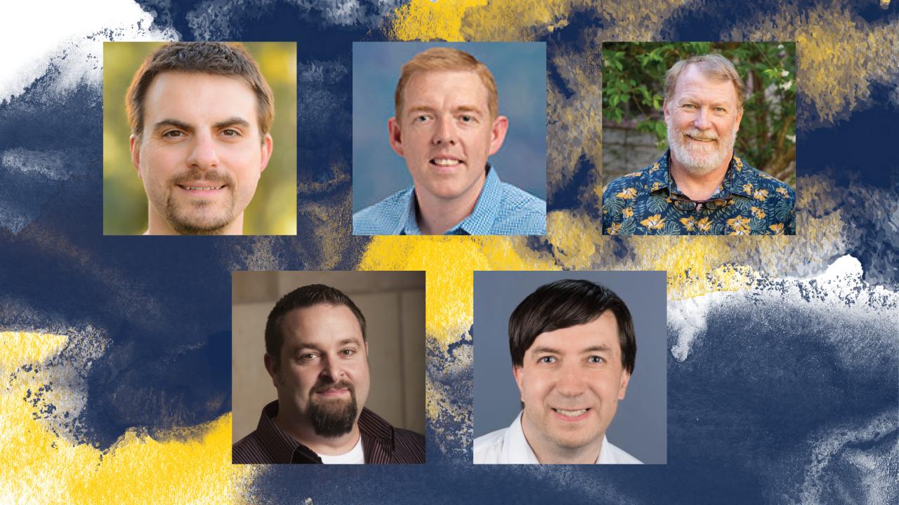 Five individual headshots pictured against a background of blue and yellow brush strokes.