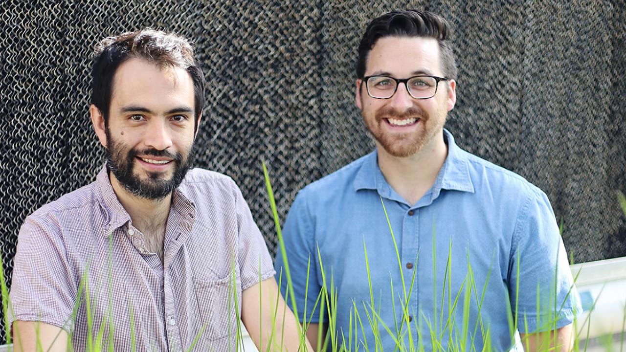 Two researchers in greenhouse. 