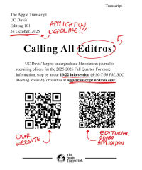 Image of a draft transcript with red editorial marks and two QR codes inviting students to view the website or join the editorial board for The Aggie Transcript at UC Davis