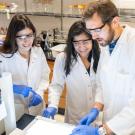 Eimy Castellanos (left) and Maria Ayala (right), graduate students in the laboratory of James Letts, have received prestigious fellowships from the American Heart Association. They are pictured here with Letts, in whose lab they study a protein complex responsible for generating energy in human cells. (Sasha Bakhter / UC Davis)