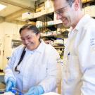 Jessica Bolivar, a graduate student in the Biochemistry, Molecular, Cellular and Developmental Biology Graduate Group, uses microscopy to study how cells respond to stress in the lab of Christopher Fraser, a professor in the Department of Molecular and Cellular Biology. (UC Davis / Sasha Bakhter)