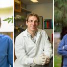 A composite image featuring three men. Left: a man with glasses and graying hair, smiling outdoors in front of green leaves, wearing a light blue pullover over a collared shirt. Center: a man with short blond hair and glasses, smiling in a laboratory while wearing a white lab coat and gloves. Right: a man with short black hair and glasses, smiling with arms crossed outdoors in front of tall green trees, wearing a dark blue pullover over a collared shirt.