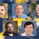 Five individual headshots pictured against a background of blue and yellow brush strokes.