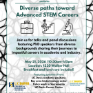 Flyer: 'Diverse paths toward Advanced STEM Careers' event, teal floral border, UC Davis logo