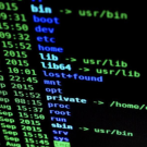 Close-up terminal screen with colored ls directory listing (paths like /usr/bin, /home/encrypted)